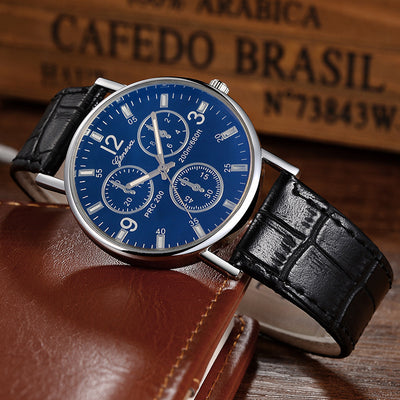 Stylish business gift three-eye men's quartz watch with blue light glass and leather strap