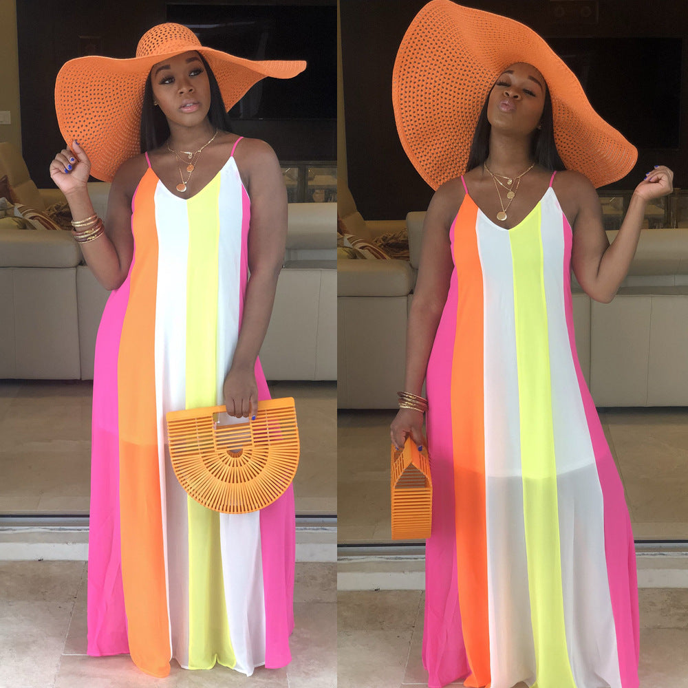 Spot! A7048 2019 Summer Hot Sale Striped Contrast Color Dress Chiffon Suspender Skirt Women
