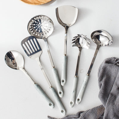 Stainless steel ladle with marble ceramic handle - stainless steel kitchen utensil set - 7-piece kitchen cooking spoon and spatula gift set