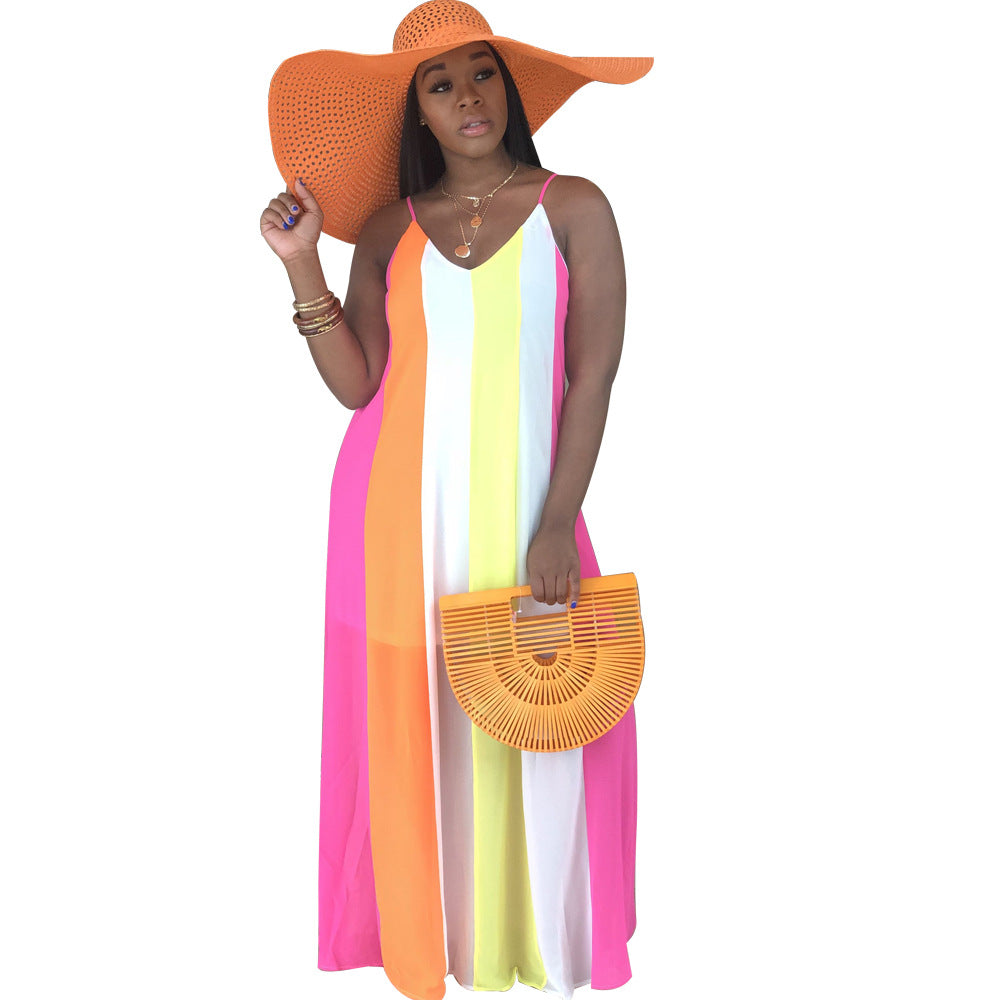 Spot! A7048 2019 Summer Hot Sale Striped Contrast Color Dress Chiffon Suspender Skirt Women