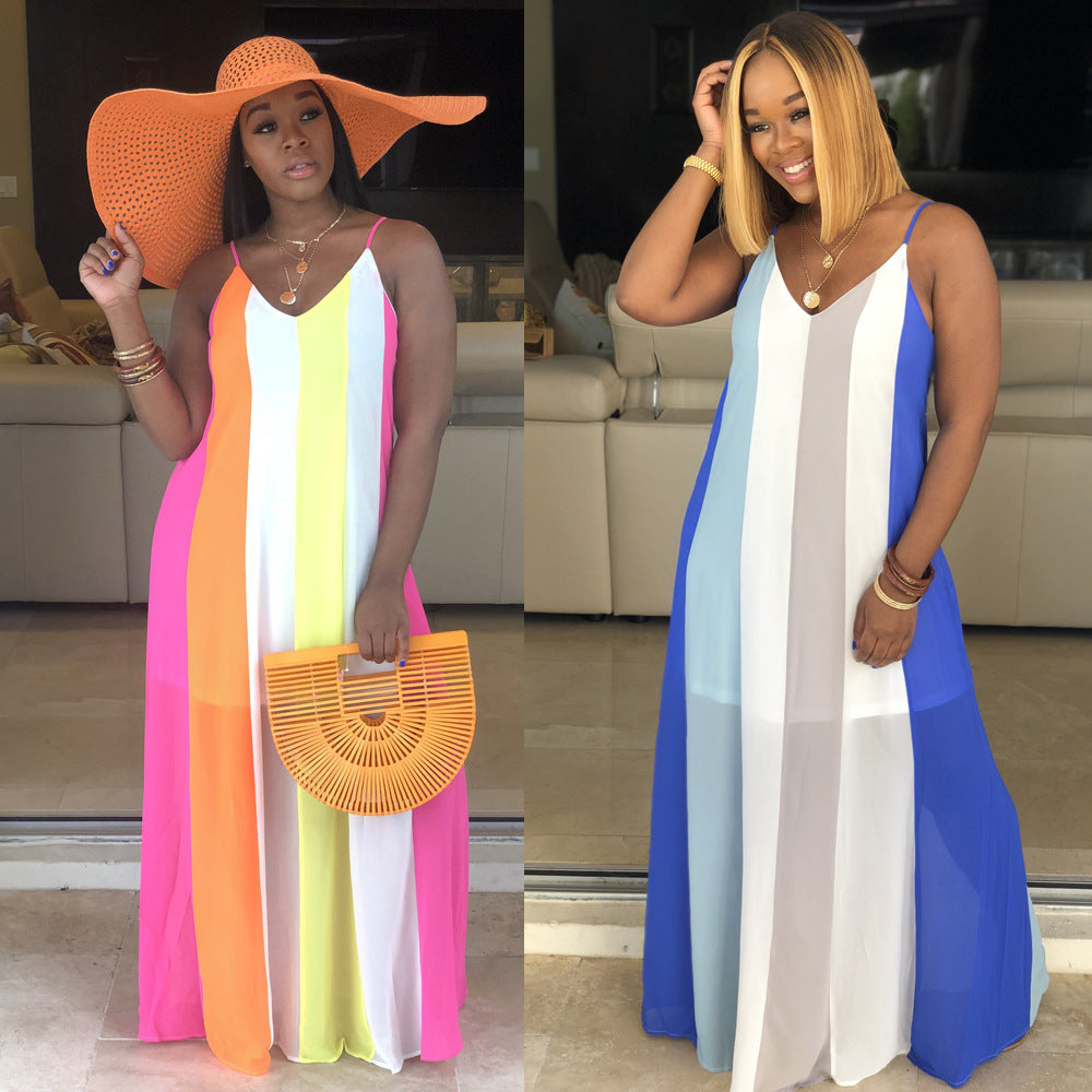 Spot! A7048 2019 Summer Hot Sale Striped Contrast Color Dress Chiffon Suspender Skirt Women
