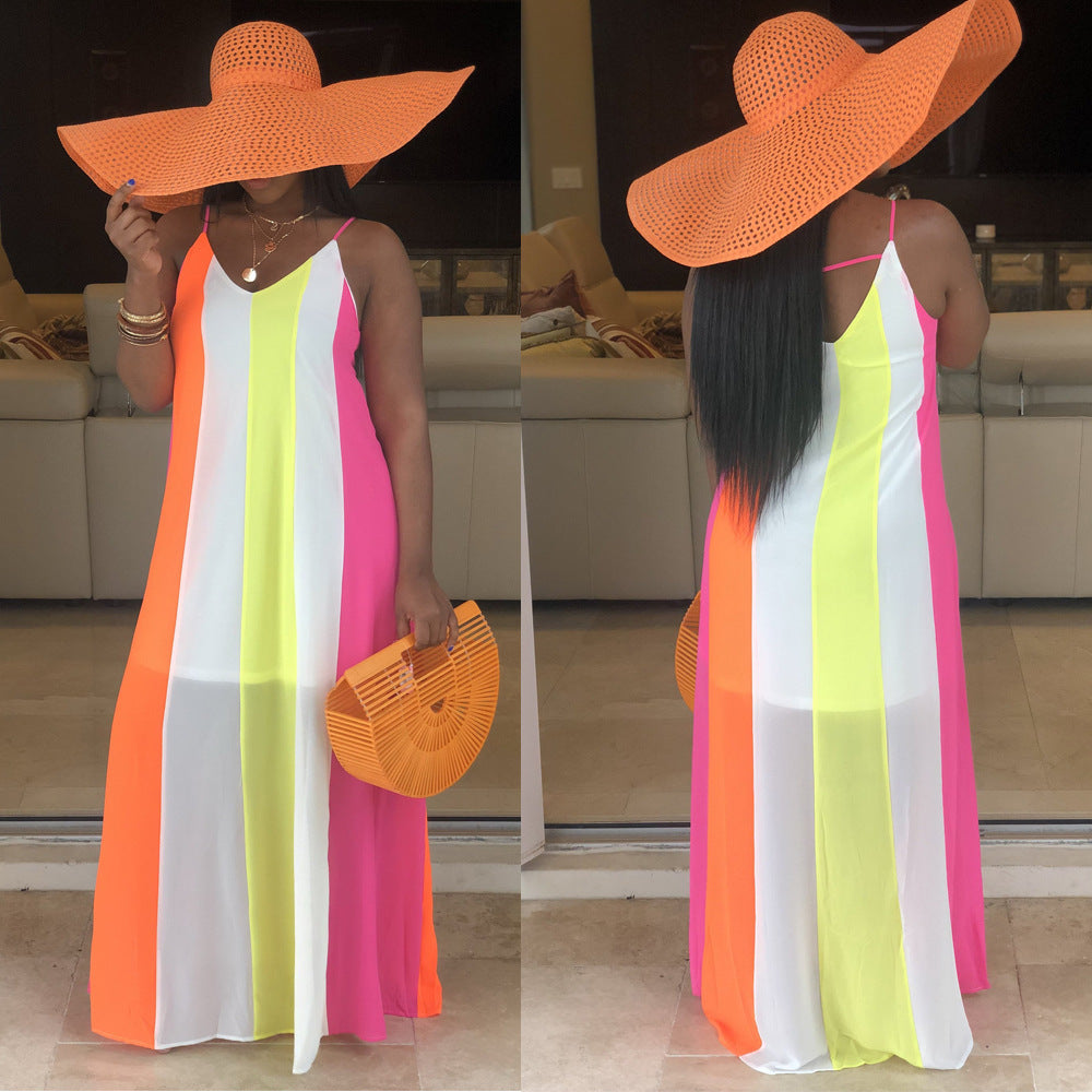 Spot! A7048 2019 Summer Hot Sale Striped Contrast Color Dress Chiffon Suspender Skirt Women