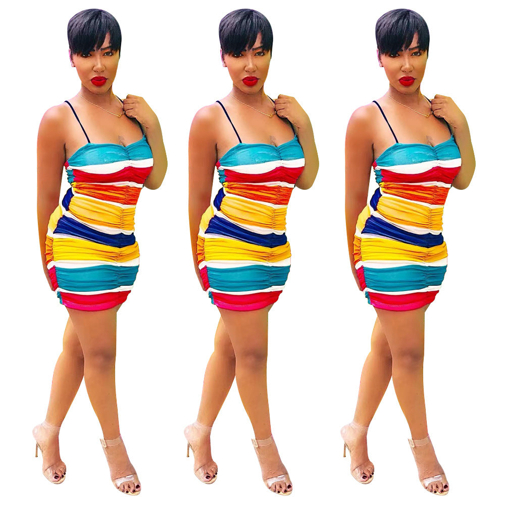 Spot! K8789 European and American  eBay women's clothing suspender pleated slim-fit multi-color dress