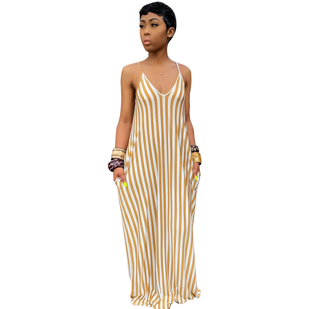 Spot! K8820 European and American  eBay women's striped suspender deep V loose dress