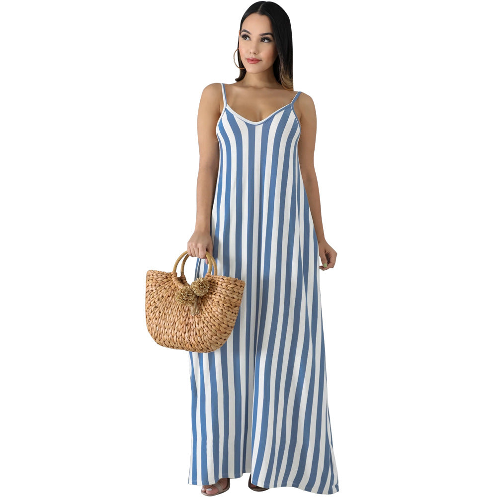 Spot! K8820 European and American  eBay women's striped suspender deep V loose dress