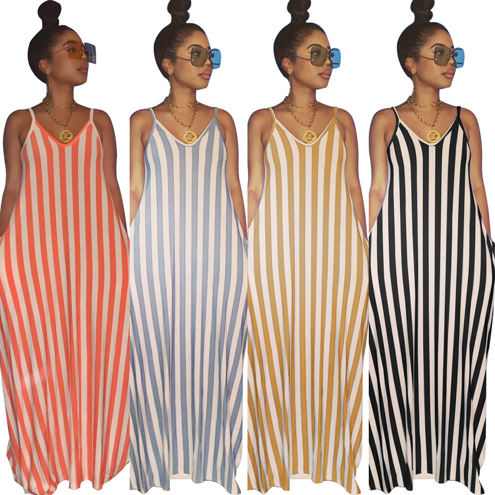Spot! K8820 European and American  eBay women's striped suspender deep V loose dress