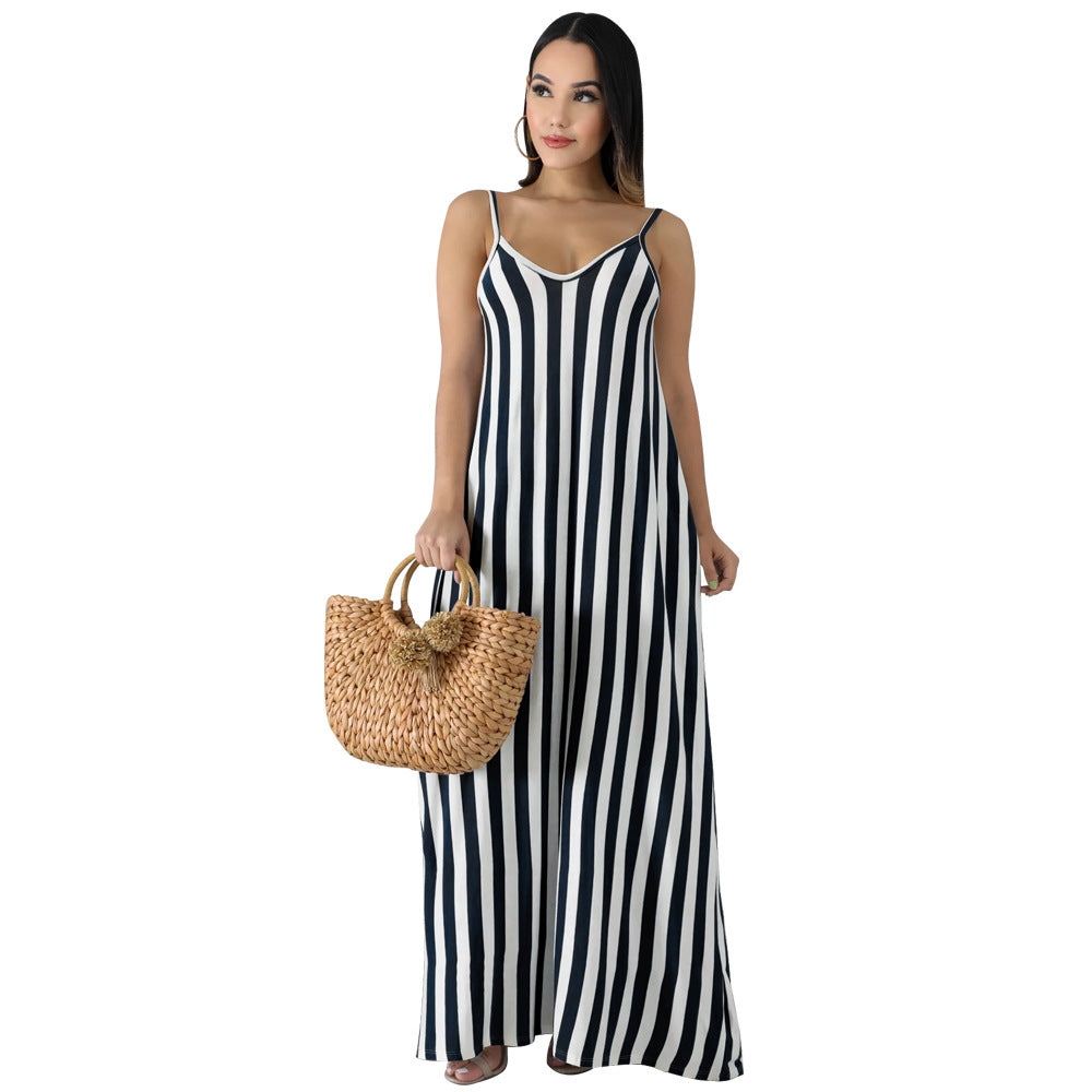 Spot! K8820 European and American  eBay women's striped suspender deep V loose dress