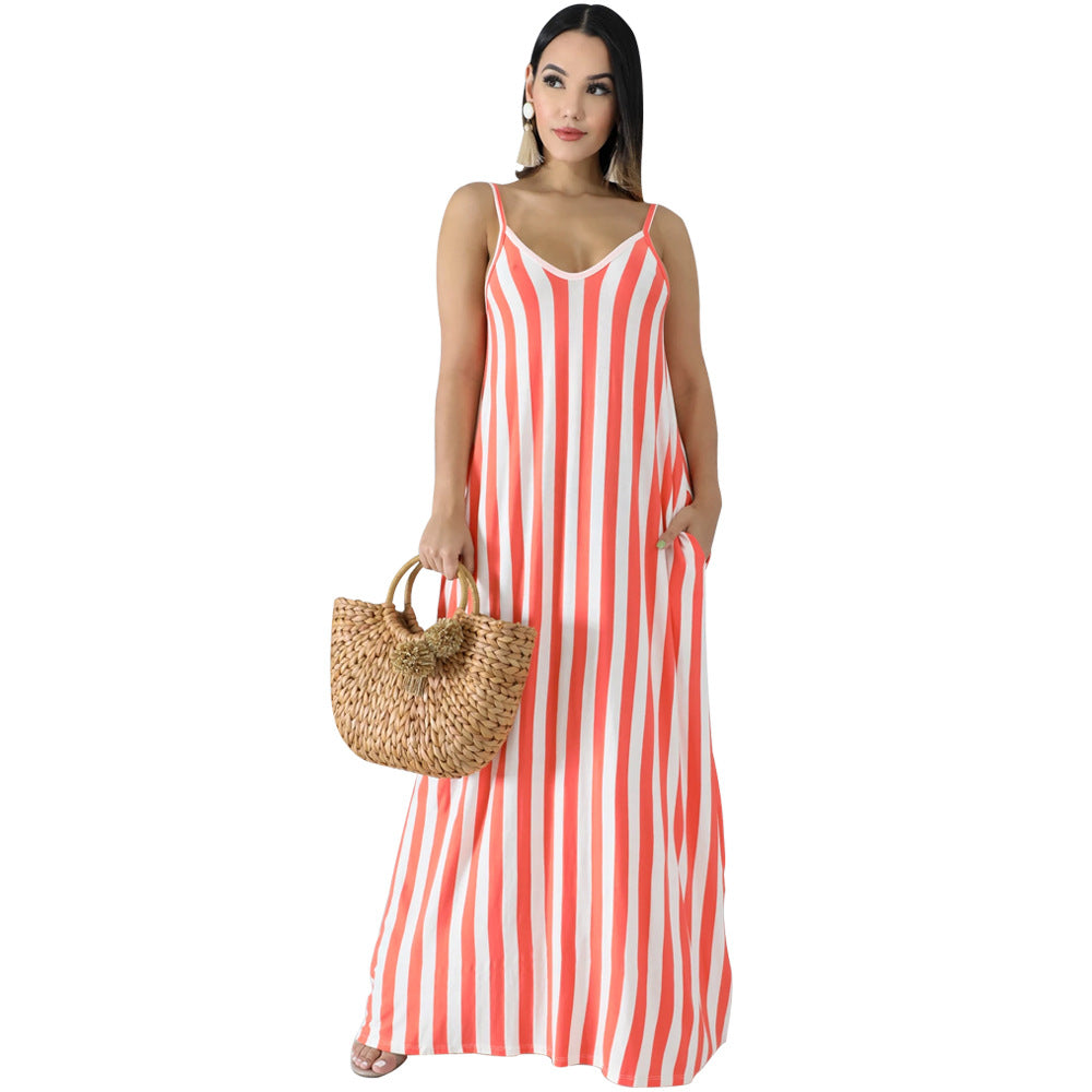 Spot! K8820 European and American  eBay women's striped suspender deep V loose dress