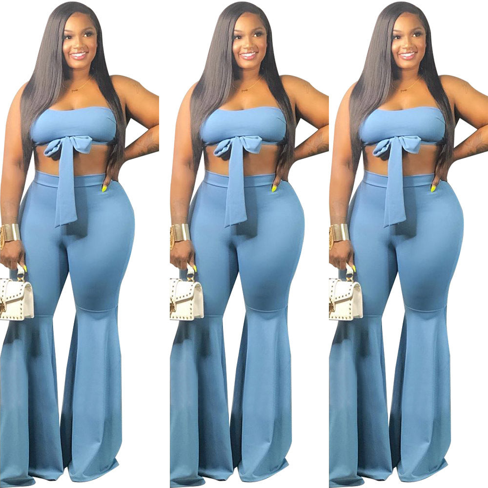 Spot! A7053 off-the-shoulder open-button strap, zipper lotus leaf micro-pull pants two-piece set