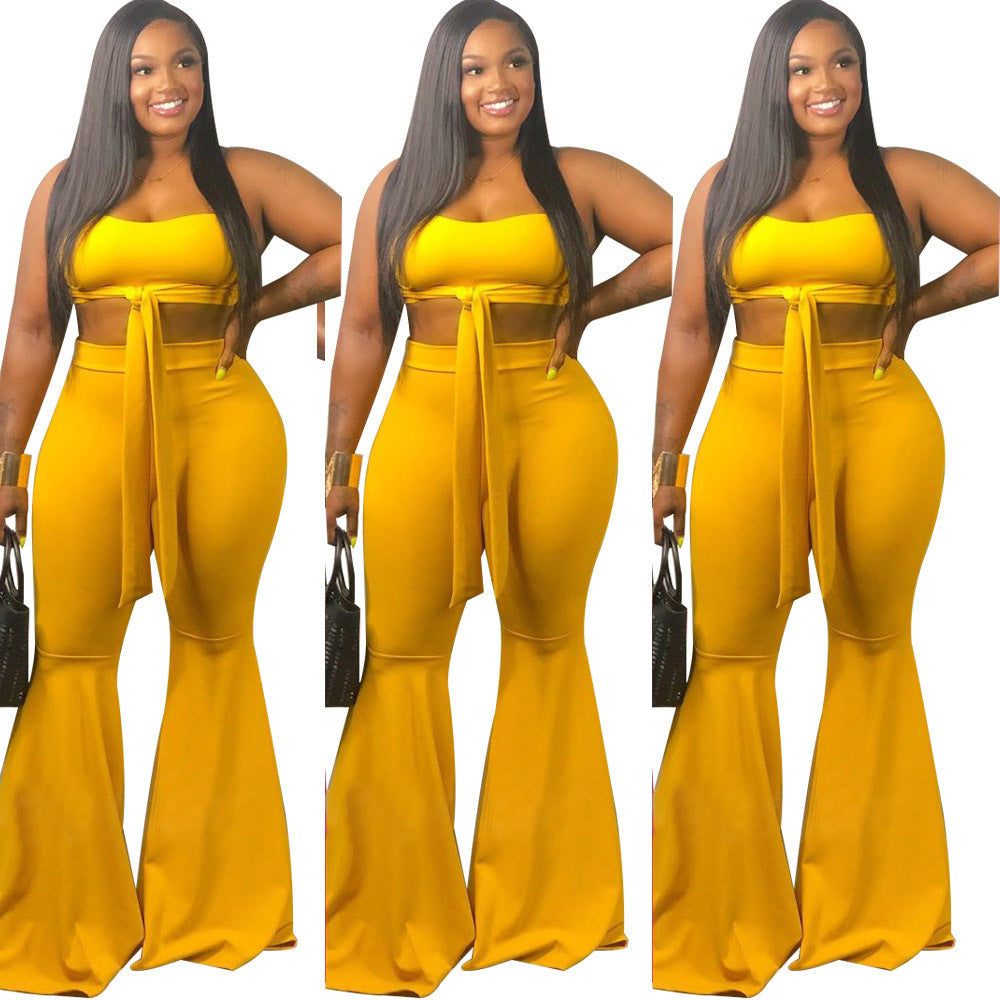 Spot! A7053 off-the-shoulder open-button strap, zipper lotus leaf micro-pull pants two-piece set