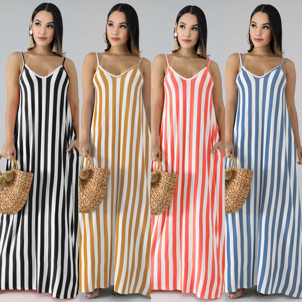 Spot! K8820 European and American  eBay women's striped suspender deep V loose dress