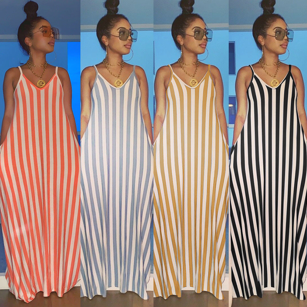 Spot! K8820 European and American  eBay women's striped suspender deep V loose dress