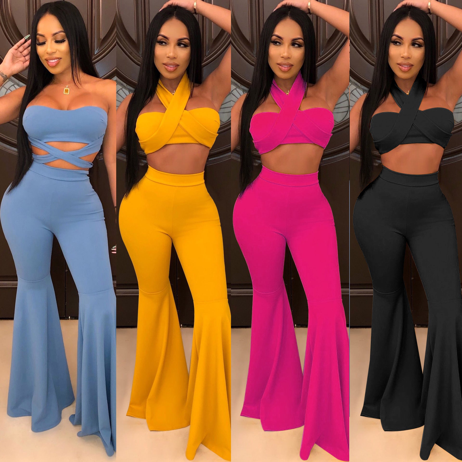 Spot! A7053 off-the-shoulder open-button strap, zipper lotus leaf micro-pull pants two-piece set