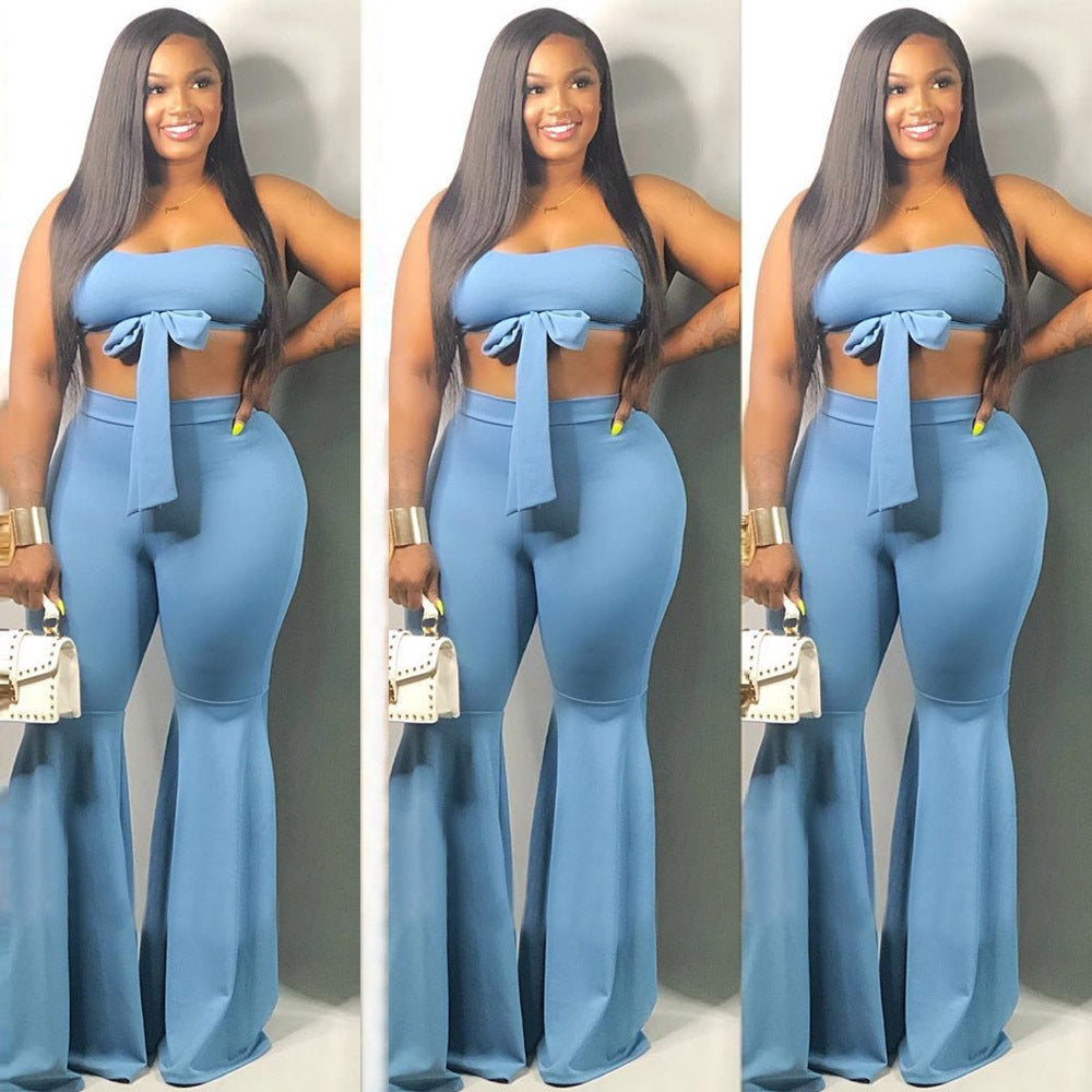 Spot! A7053 off-the-shoulder open-button strap, zipper lotus leaf micro-pull pants two-piece set