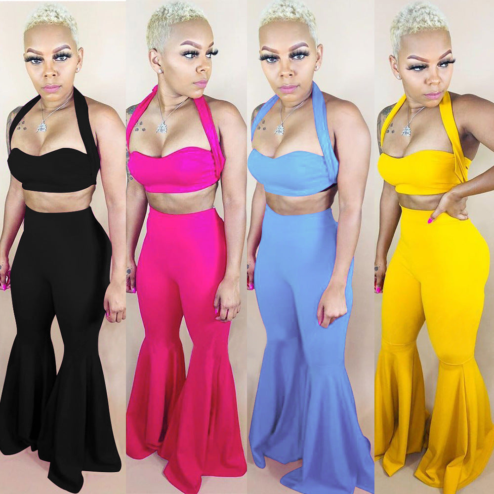 Spot! A7053 off-the-shoulder open-button strap, zipper lotus leaf micro-pull pants two-piece set