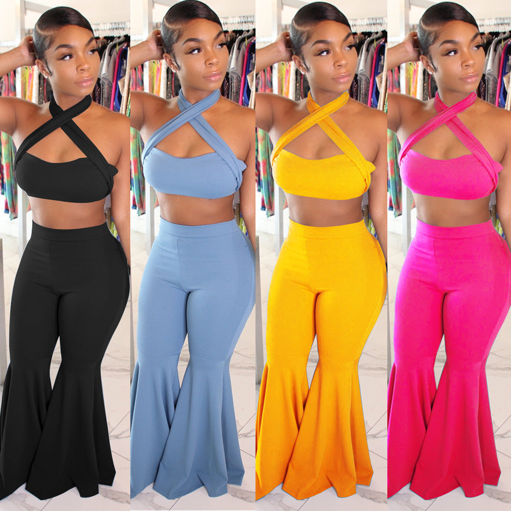 Spot! A7053 off-the-shoulder open-button strap, zipper lotus leaf micro-pull pants two-piece set