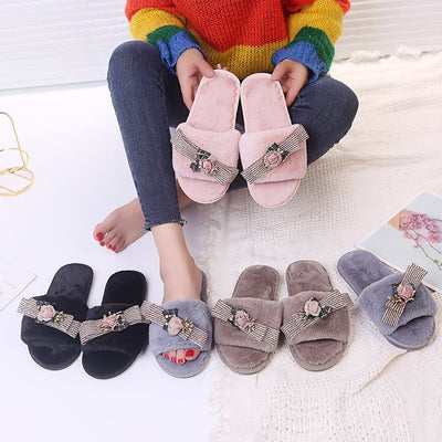 2024 light wind new arrival open slippers one word heattech women's fur slippers fall and winterfashiontrendy street cotton slippers