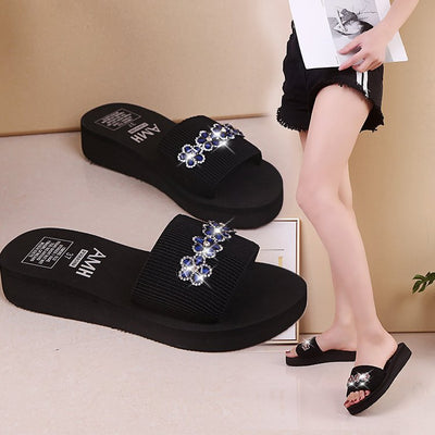 2024 women's summer cross-border slippers: open-toe rhinestone flower platform wedge sandals - dropshipping available