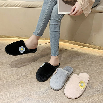 2024 spring/autumn/winter new fuzzy slippers for women, closed-toe flat bottom plush cotton slippers, daisy design women's shoes wholesale