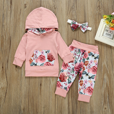Amazon foreign trade autumn/winter new arrival: pink smock hoodie top + two-tone floral pants + headband three-piece set