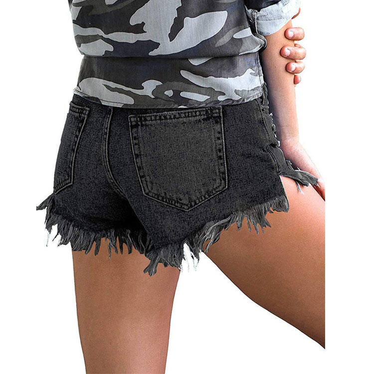 Spring and summer new  hole tassel foot edge  independent station wish foot buckle split fork spot shorts