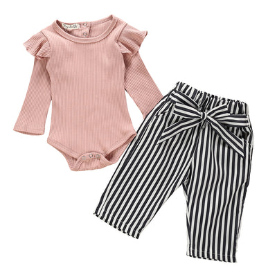 Amazon bestseller: khaki/dusty rose ribbed long-sleeve romper + striped pants set with belt - in stock
