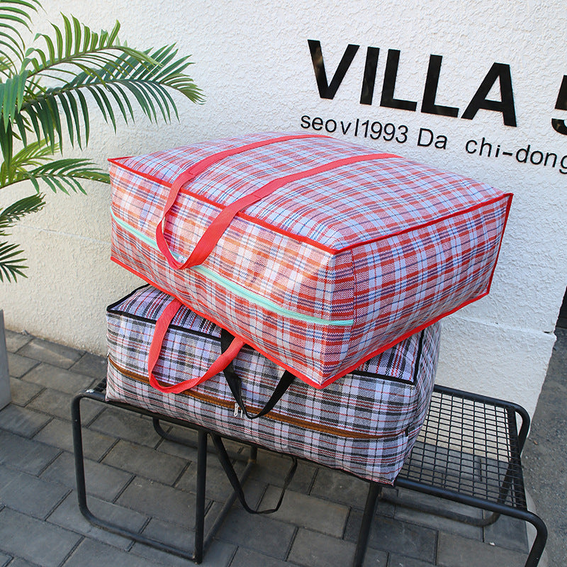 Red and blue grid pp woven bag school season quilt storage bag luggage moving bag hand-held thickened packing bag