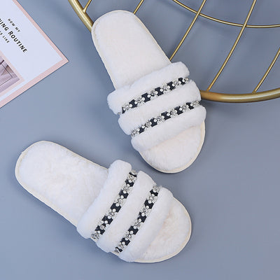 2024fall and winter fur slippers women's home large size heattech floor shoes rhinestone heattech one-line outwear fur cotton slippers