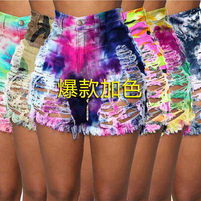 S3846 cross-border wholesale european and american sexy cut-out hollow buttons tie-dye printed denim shorts
