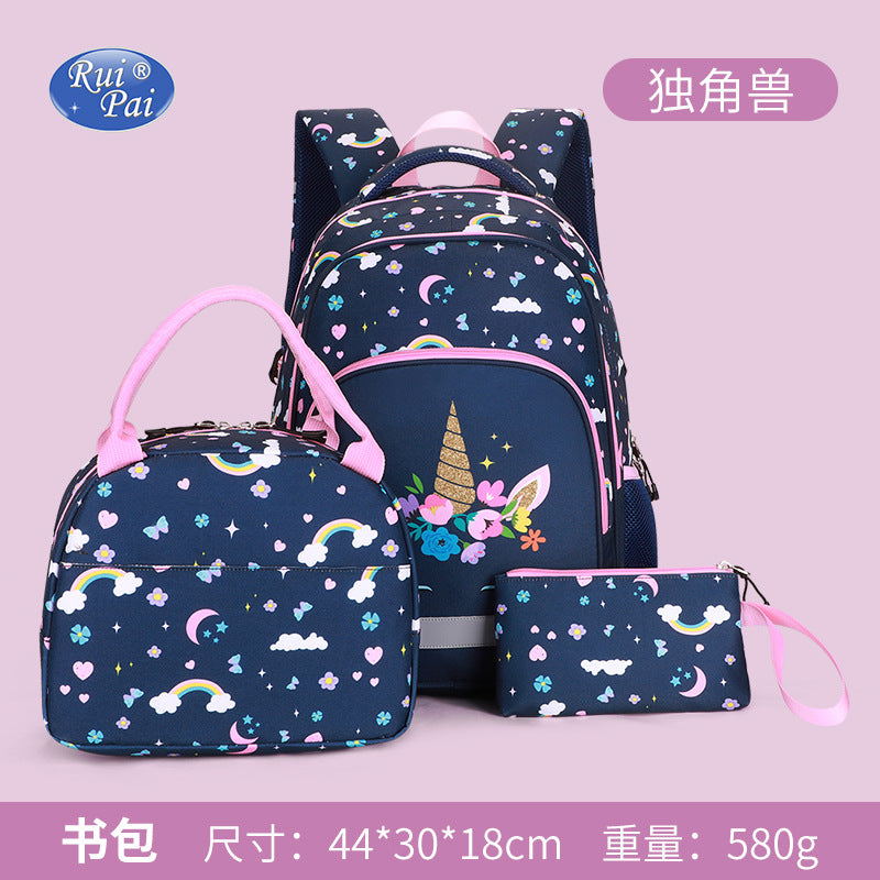 new primary school students print children's backpack schoolbag burden three-piece schoolbag wholesale