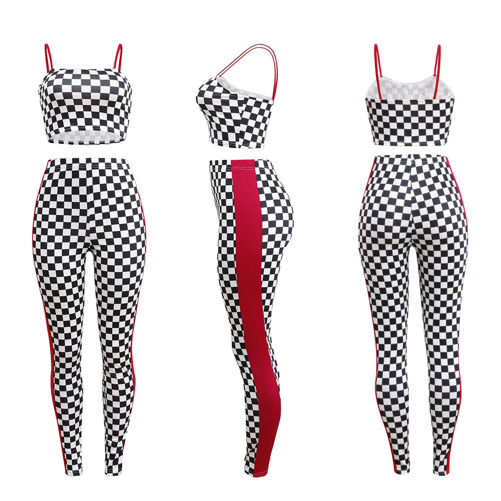 Spot! K8564 European and American sexy plaid suspender digital printing two-piece set