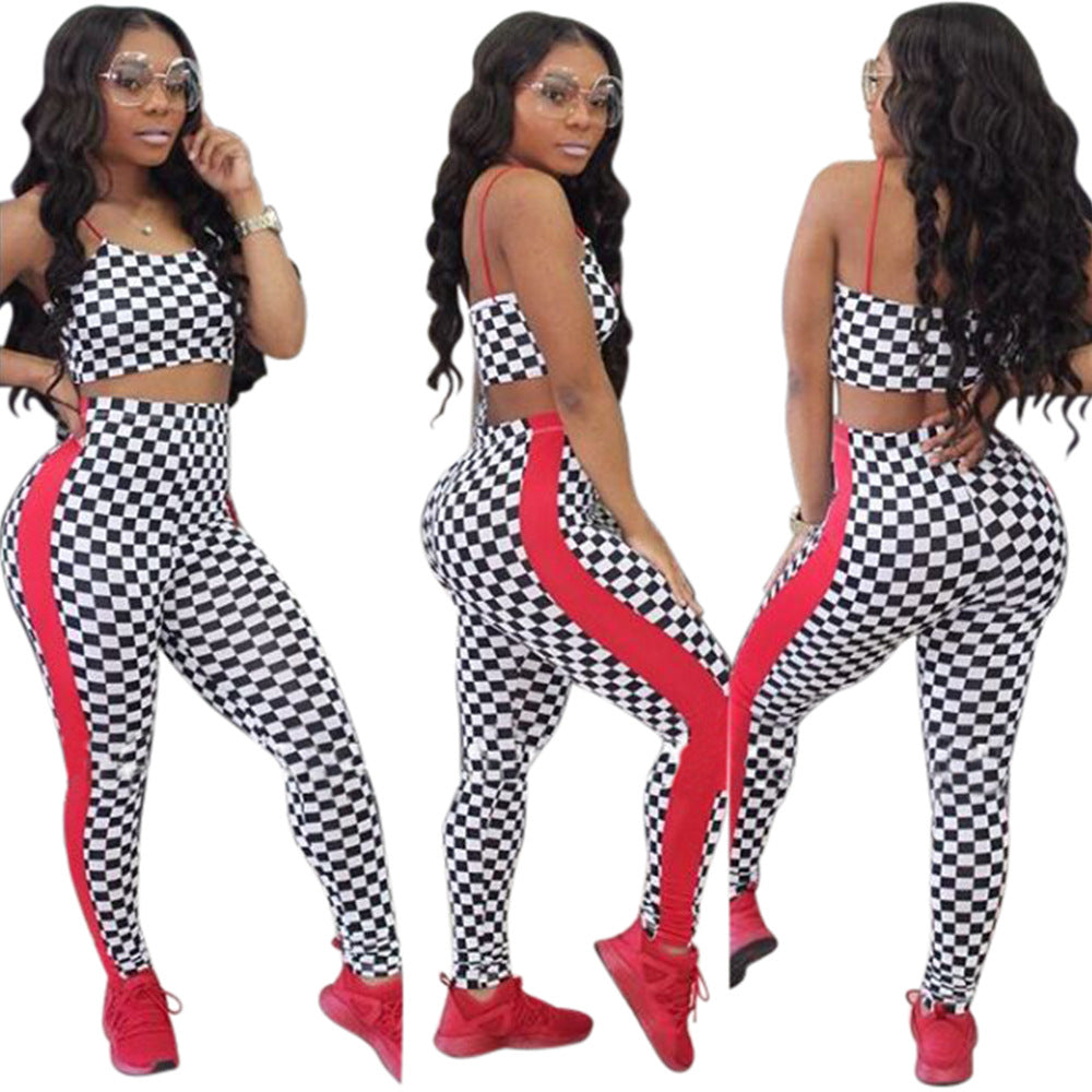 Spot! K8564 European and American sexy plaid suspender digital printing two-piece set