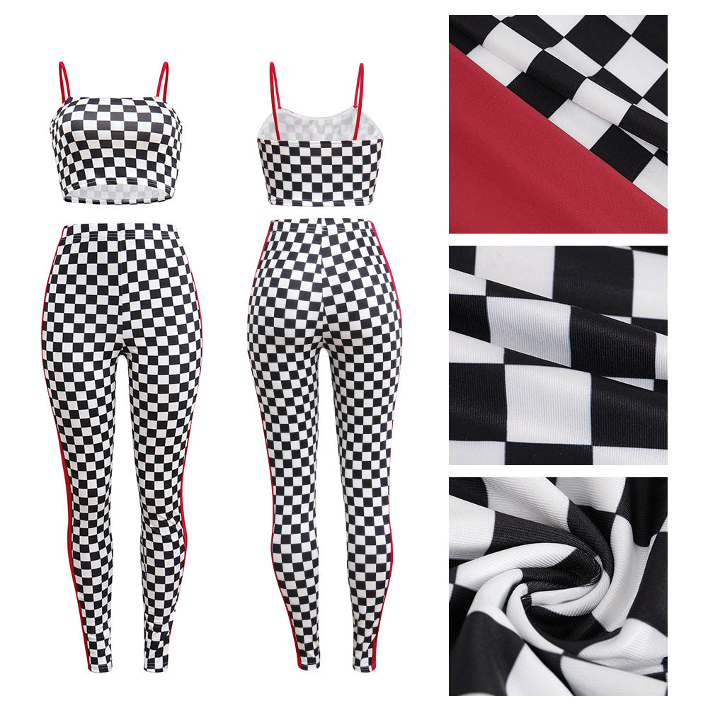 Spot! K8564 European and American sexy plaid suspender digital printing two-piece set