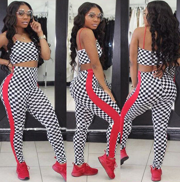 Spot! K8564 European and American sexy plaid suspender digital printing two-piece set