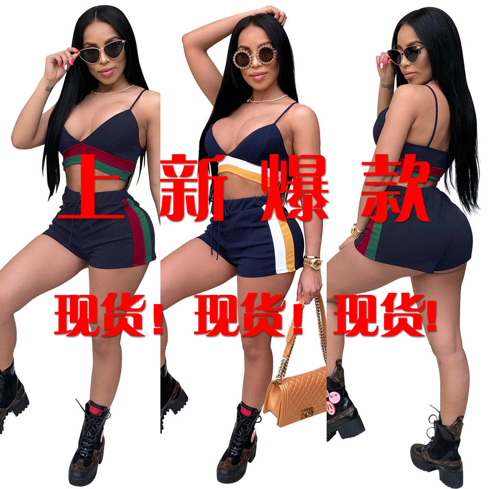 Spot! K8566 European and American sexy suspender striped strap two-piece nightclub suit