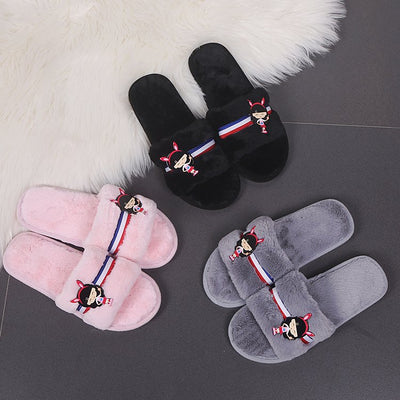 2024 faux rabbit fur slippers, indoor flat diy cotton shoes, winter home cartoon floor slides, women's in-stock