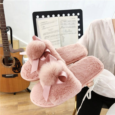 2024 autumn/winter new women's cotton slippers: round toe, open toe, fleece-lined, extra thick, bow accent, real fur pom-pom slippers for women