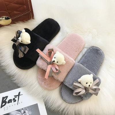 2024 new casual cute cartoon bear bow solid color open-toe flat soft comfortable fuzzy slippers - trendy