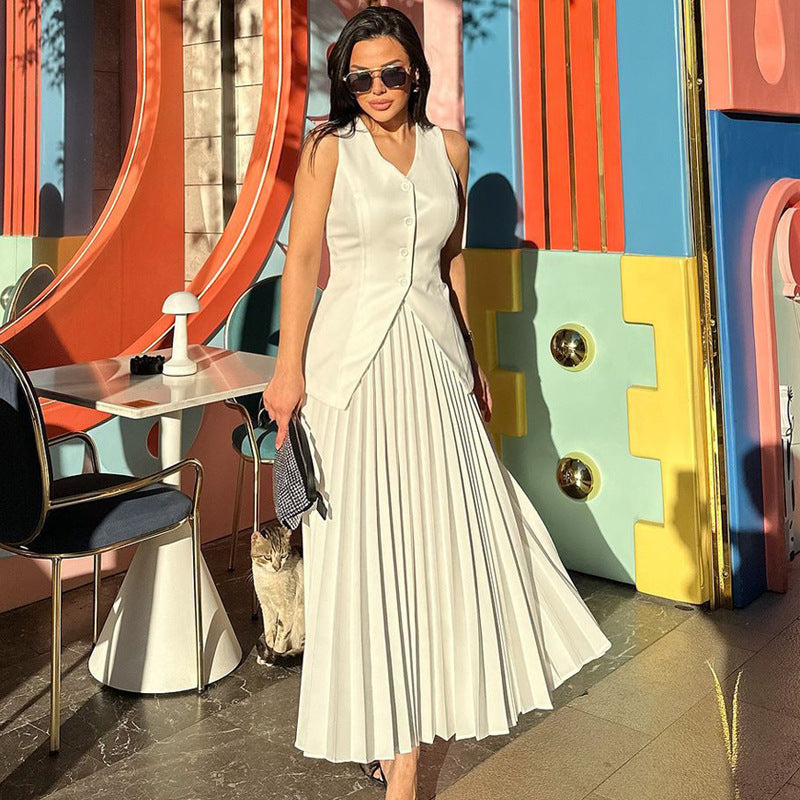 Spot European and American suits women's summer sleeveless vest split-ended solid color large pendulum pleated skirt women's two-piece set summer