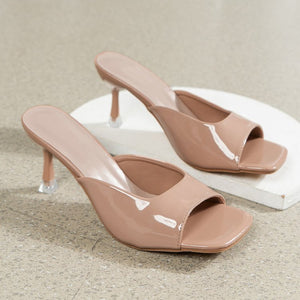 Export patent leather high heel slippers women's stiletto heel new summer square toe solid color one-strap sandals heels