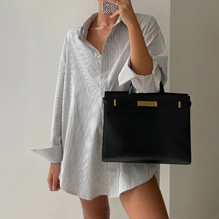 European and American autumn new blue striped shirt top  simple high-end commuter street long-sleeved cardigan