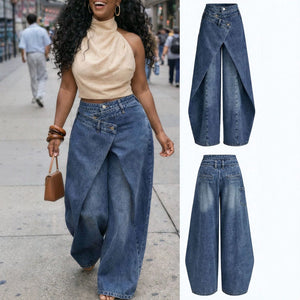 Fashionjeans women's diagonal buckle cross waistband culottes all-in-one wide leg mop heavy washed fake two-piece denim pants