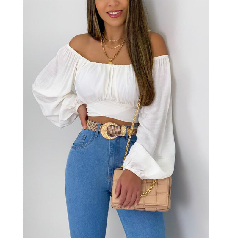 Spot European and American  tops women's solid color open-button lantern sleeves one-word collar sexy lace-up women's bubble sleeve shirt