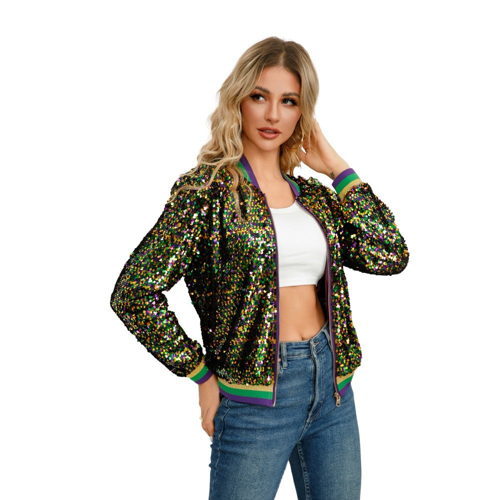 10291   European and American style color matching sequins fashion spring and autumn women's clothing short baseball jacket
