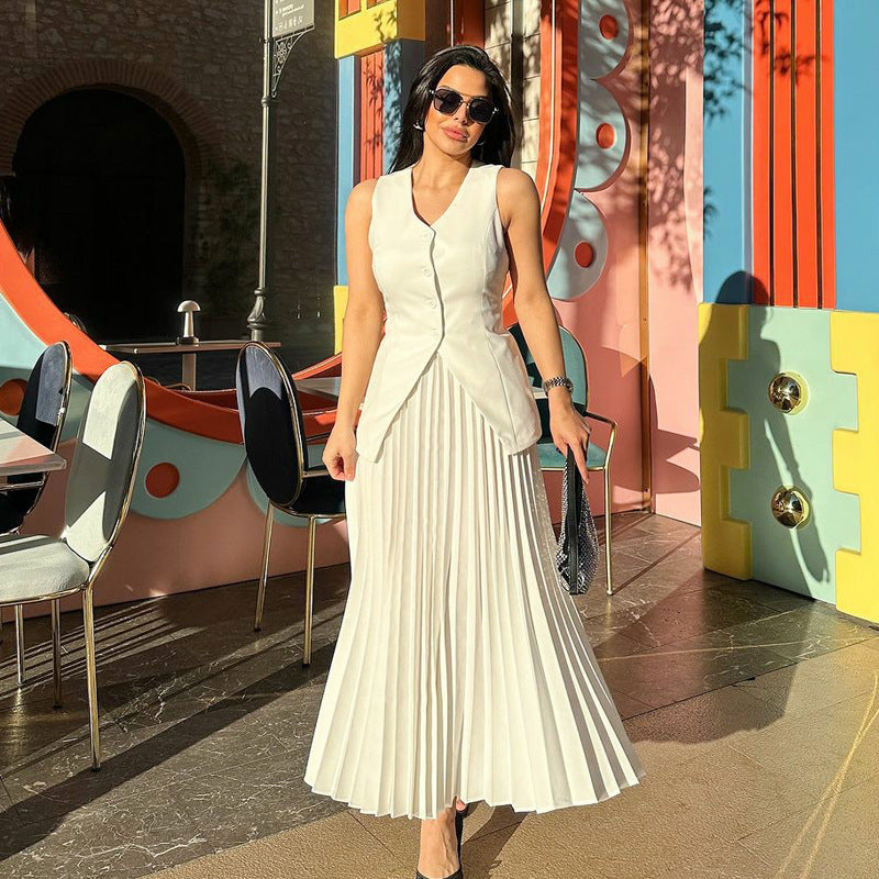 Spot European and American suits women's summer sleeveless vest split-ended solid color large pendulum pleated skirt women's two-piece set summer
