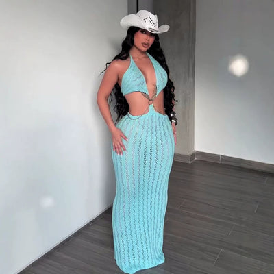 Fashion beach vacation cut outknittinghalterdress deep v chain backless long blouse cross-border women's clothing