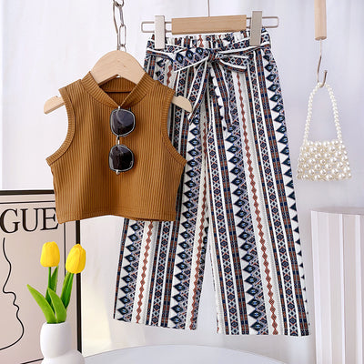 children's clothing new arrivalfashion pit vest printingloose pants ethnic style two-piece setgirlcasualsuit