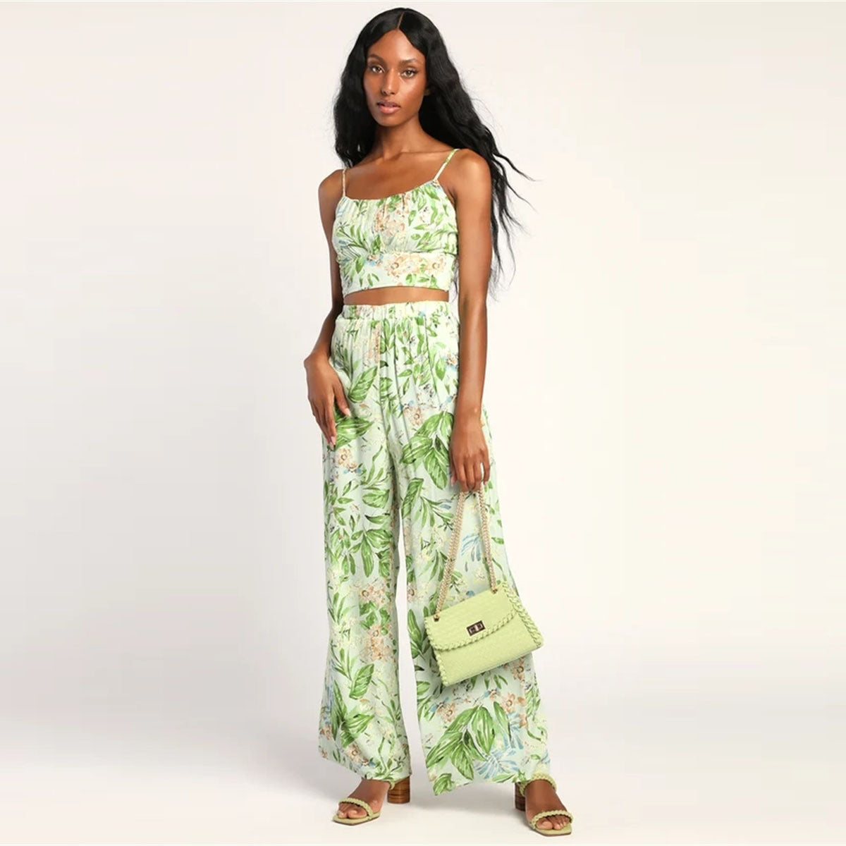 Spot European and American new  casual suit, sexy suspender vest, high waist printed wide-leg pants suit