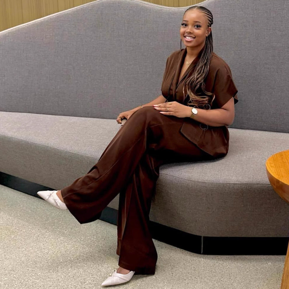 European and American fashion temperament, foreign style V-neck cardigan top, women's African high waist wide leg trousers, new women's clothing two-piece set