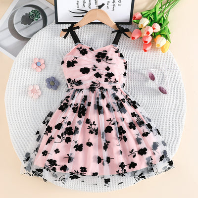Girls' black and pink color block mesh dress - 3d flocked floral princess dress - everyday outfit for girls
